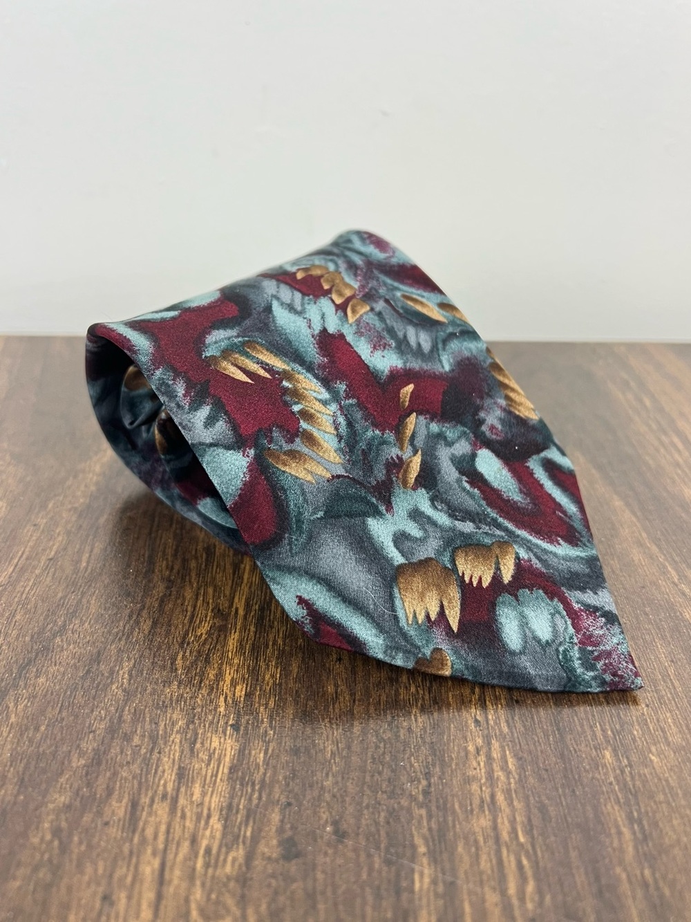 Vintage 1980-90s 100% Silk Necktie Burgundy Teal Gray Abstract Hipster
